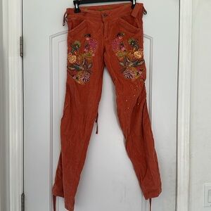 MISS ME Y2K Low Rise Orange Floral Embroidered Studded Corduroy Pants Grunge S